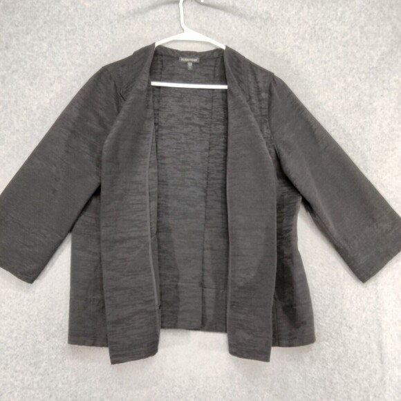 Eileen Fisher Dinner Blazer Womens Sz L Black 3/4 Sleeve Solid Open Front Fitted - Picture 4 of 13